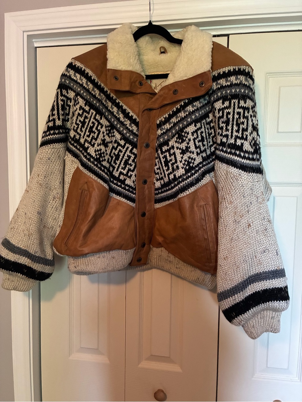 Cozy Leather-Trim Fair Isle Women's Sweater Jacket - Cream & Brown